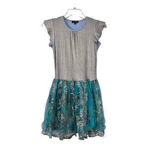 Imoga Girls Turquoise Gold Sequin Tulle Holiday Party Dress Size 12